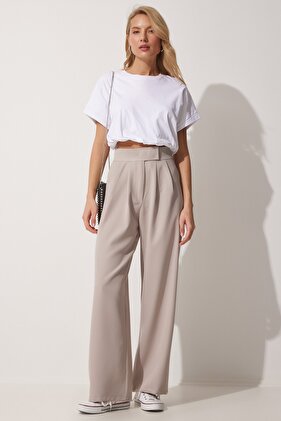 Women's Beige Waist Velcro Closure Loose Pants YL00001