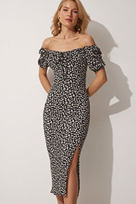 Damska czarna letnia sukienka z dzianiny Carmen z rozcięciem i kołnierzykiem FF00113