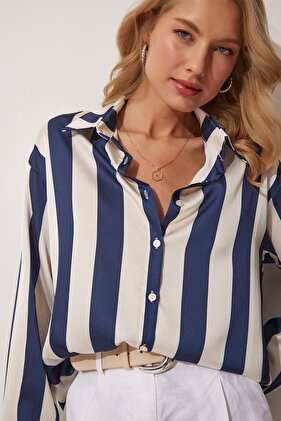 Women's Navy Blue Cream Striped Satin Shirt DD01206