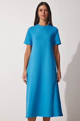 Kadın Mavi A Kesim Yazlık Penye Elbise UB00060