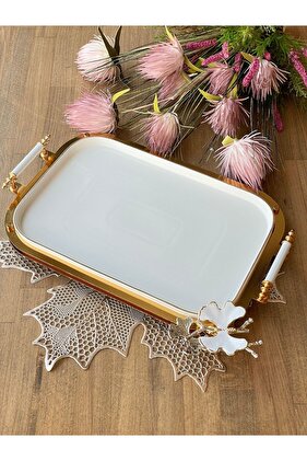 صينية فراشة بيضاء مستطيلة بمقابض