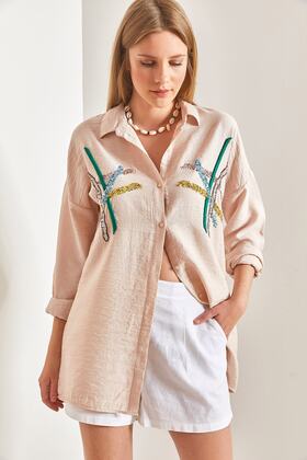 Women's Sequin Embroidered Linen Aerobin Shirt 40821015