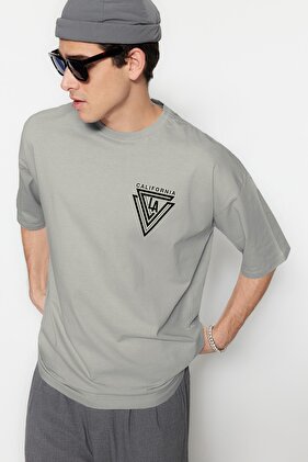 City Printed Gray Oversize Cotton T-Shirt - TMNSS20TS1102