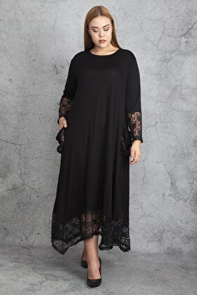 Women's Large Size Black Lace Detailed Viscose Long Sleeve Dress 65n18911