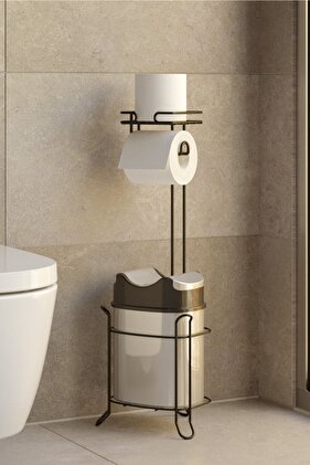 Self-Closing Trash Can and Toilet Paper Holder Matte Black+Gray MG098