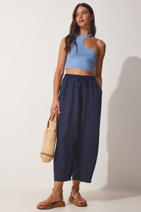 بنطلون شالوار من الكتان الفيسكوز بجيوب باللون الأزرق الداكن للسيدات CV00001