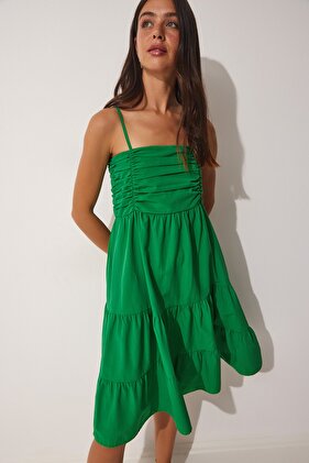 Kadın Yeşil Askılı Volanlı Yazlık Poplin Elbise DD01226