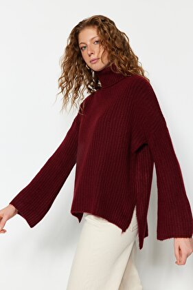 Wide Fit Claret Red Knitwear Sweater - Soft Textured Twoaw23Kz0054