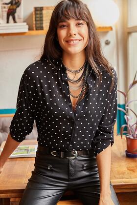 Women's Black Sleeve Folded Polka Dot Shirt GML-19000348