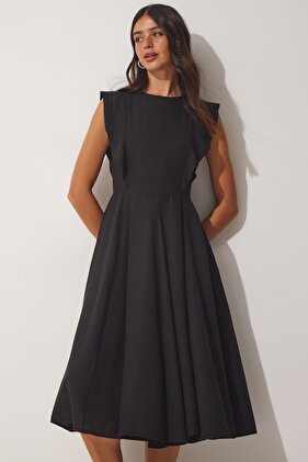 Women's Black Flounce Summer Linen Dress TO00066