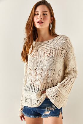 Women's Stone Tiny Pompom Openwork Cotton Knitwear Blouse BLZ-19002336