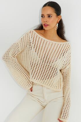 Women's Ecru Spanish Sleeve Openwork Knitwear Short Blouse SMT181