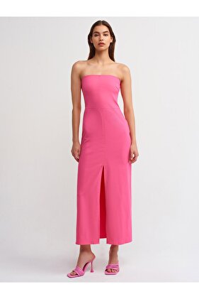 90758 Yırtmaçlı Straplez Elbise-Pembe
