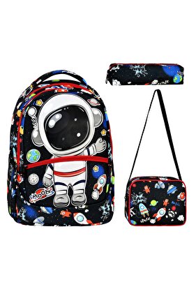 3-Piece Primary School Astronaut Patterned School Bag for Boys with Lunch Bags and Pen Holder