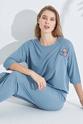 indigo Soft Touch Thin Knitted Embroidered Pajama Set