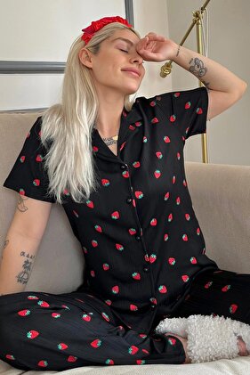 Strawberry Patterned Knitted Front Buttoned Short Sleeve Women's Pajama Set
