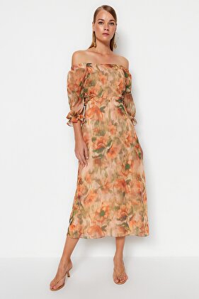 Orangefarbenes, geblümtes A-Linien-Maxikleid mit Carmen-Ausschnitt und tiefer Taille, Boho-Chiffon, gefüttert TWOSS23EL02422