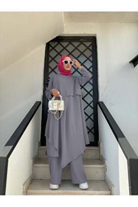 طقم بنطلون تونيك حجاب غير متماثل رمادي موديل-495