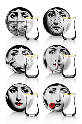 Altın Varaklı Fornasetti Lüx 6 Kişilik Çay Seti
