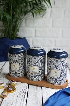 Cylinder Storage Container with Wooden Stand Ø105 Set of 3, Azulejos Erb56t6