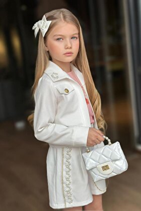 Girl's Pearl Detailed Guipure Embroidered Flower Printed White Bottom Top Set