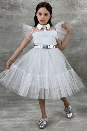 Girl's Shirt Collar Chest and Sleeves Tulle Detailed Wednesday White Dress