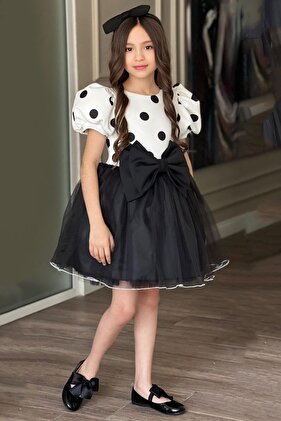 Girl's Balloon Sleeve Polka Dot Skirt Fluffy Tulle Bow Detailed Black Dress 2-12 Years