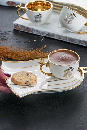 Porcelain Story 6-Person Bird Cage Pattern White Gold Coffee Cup Set with Treat Plate 12090
