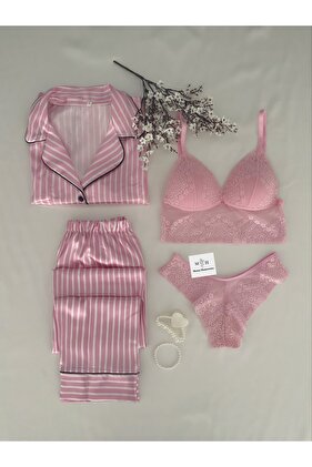طقم ملابس داخلية بيجامة من الساتان الملائكي مكون من 4 قطع
