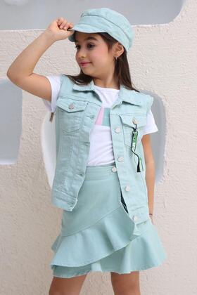 طقم تنورة وتنورة من قماش الدنيم Merci للفتيات مكون من 3 قطع باللون الأخضر المائي