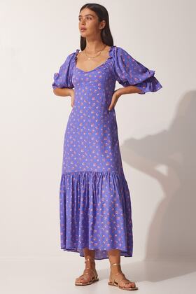 Women's Purple Patterned Sweetheart Neck Viscose Dress FN03074
