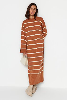 Light Brown Striped Sleeve Slit Detailed Knitwear Dress TCTAW24EB00018