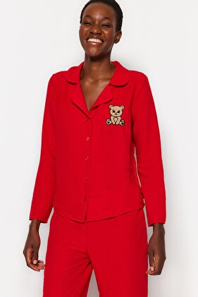 Red Teddy Bear Satin Woven Pajamas Set Thmaw24Pt00000