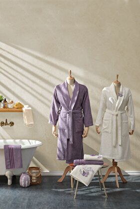 طقم حمام عائلي مكون من 6 قطع مطرز على شكل فراشة/حوض استحمام/منشفة رأس - أرجواني أرجواني