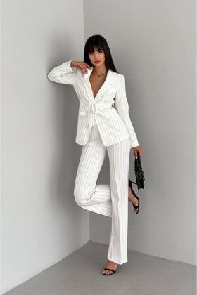 Women's Tie-Detail Faux Pocket Belted Shawl Collar Blazer Jacket Tapered-Leg Stretchy Pants Suit