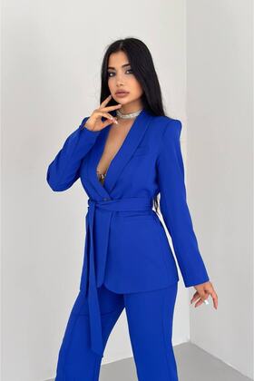 Women's Tie-Detail Faux Pocket Belted Shawl Collar Blazer Jacket Tapered-Leg Stretchy Pants Suit