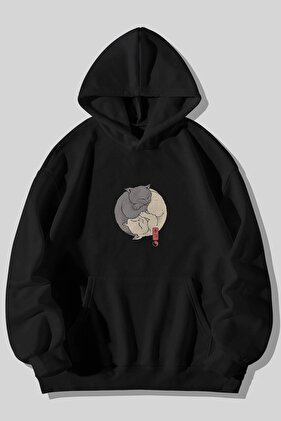 Ying Yang Kedi Baskılı Unisex Siyah Kanguru Cepli Kapüşonlu Sweatshirt Hoodie