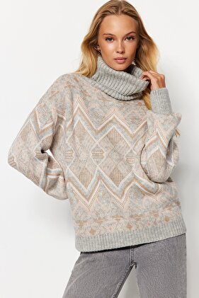 Gray Ethnic Pattern Soft Texture Wide Fit Turtleneck Knitwear Sweater Twoaw24Kz00759