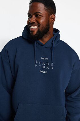 Indigo Large Size Hooded Oversize Reflector Printed Warm Sweatshirt Tmnaw24Ao00029