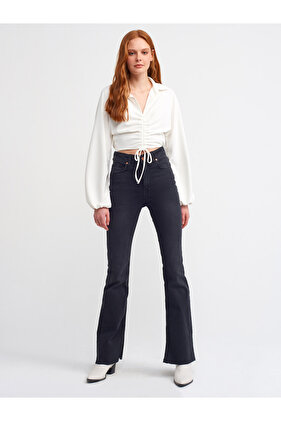 Siyah Paçası Yırtmaçlı Ispanyol Paça Pantolon 70128