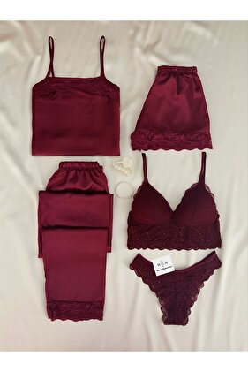 طقم ملابس داخلية بيجامة ستان 5 قطع من زينة