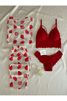 طقم ملابس داخلية بيجامة فراولة مكون من 4 قطع