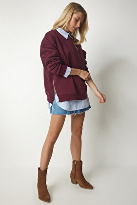 سويت شيرت نسائي محبوك بتفاصيل سحاب باللون العنابي UB00148