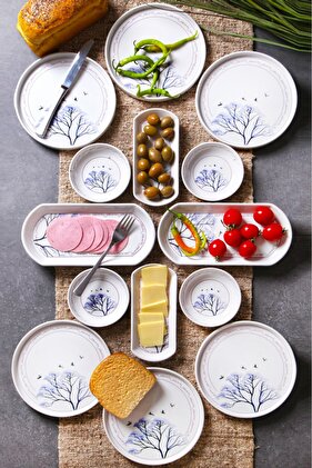 Blue Plane Tree Patterned Luxury Ceramic 14 Piece Elegant Breakfast Set for 6 Persons