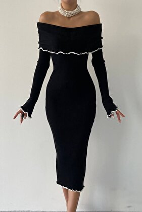 نسيج تريكو مرن طول متوسط الياقة بدون حمالات وأكمام طويلة تصميم قلم رصاص فستان تريكو أسود 175