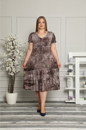 لباس سایز بزرگ قهوه ای زنانه ویسکون HÜLYA BUTİK - کد 46031519