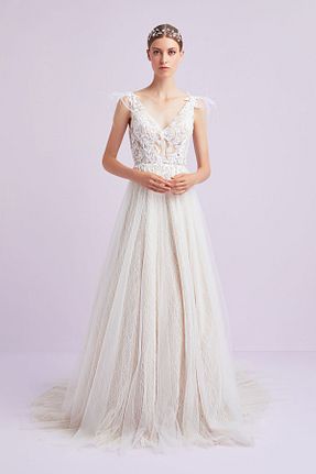 لباس عروس بژ زنانه دانتل Oleg Cassini - کد 46087945