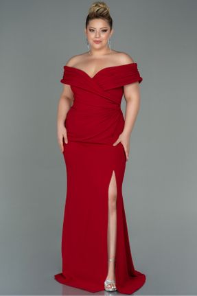 لباس مجلسی سایز بزرگ قرمز زنانه یقه قایقی کرپ رگولار بدون آستین کد 761576793