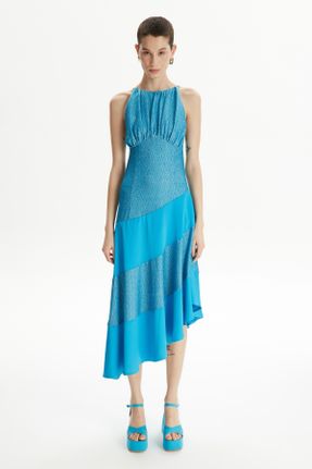 لباس آبی زنانه بافتنی ساتن آسیمتریک کد 761654488