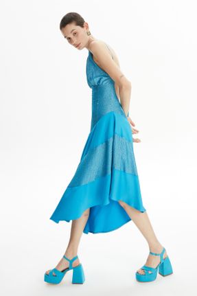 لباس آبی زنانه بافتنی ساتن آسیمتریک کد 761654488